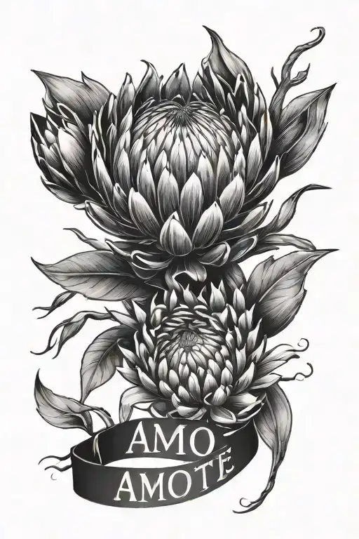 protea flower and the words "Amo-te" tattoo design idea