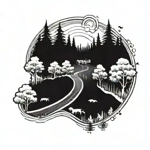 A tattoo design of a road winding through a forest with a hidden dog silhouette tattoo design idea