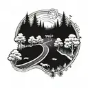 A tattoo design of a road winding through a forest with a hidden dog silhouette tattoo design idea