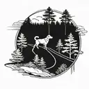 A tattoo design of a road winding through a forest with a hidden dog silhouette tattoo design idea