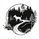 A tattoo design of a road winding through a forest with a hidden dog silhouette tattoo design idea