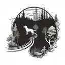 A tattoo design of a road winding through a forest with a hidden dog silhouette tattoo design idea