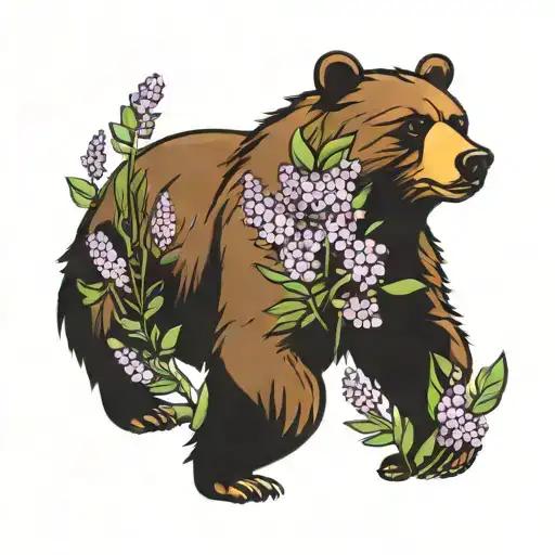 grizzly running in a field of lilacs blooming in a meadow tattoo design idea