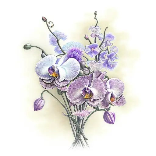 orchids and carnations with Saturn and Jupiter. include fire and air zodiac symbols tattoo design idea