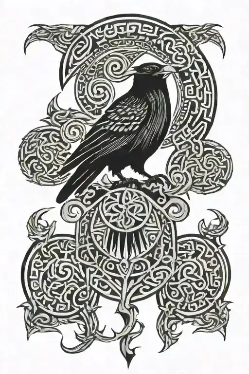 Viking-style tribal tattoo that has good contrast to the skin underneath, it uses some forest, raven, knots, and similar tattoo design idea