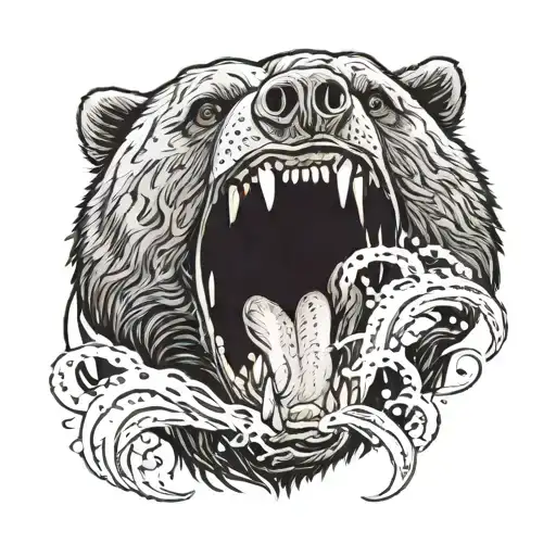 a close up of a black bear head with open mouth. he's trying to catch a salmon with his mouth and claw. tattoo design idea