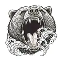 a close up of a black bear head with open mouth. he's trying to catch a salmon with his mouth and claw. tattoo design idea