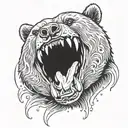 a close up of a black bear head with open mouth. he's trying to catch a salmon with his mouth and claw. tattoo design idea