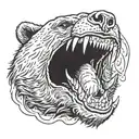 a close up of a black bear head with open mouth. he's trying to catch a salmon with his mouth and claw. tattoo design idea
