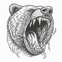 a close up of a black bear head with open mouth. he's trying to catch a salmon with his mouth and claw. tattoo design idea