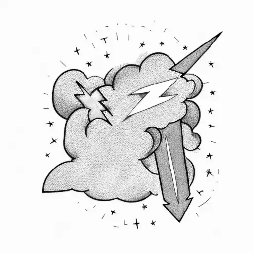 A bolt of lightning coming out of a cloud, and around both of them, a flame of fire tattoo design idea