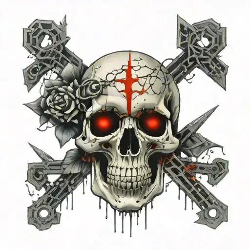 human skull intertwined with circuitry or binary code, Shattered heart imagery or tears falling from the skull's eye soc tattoo design idea