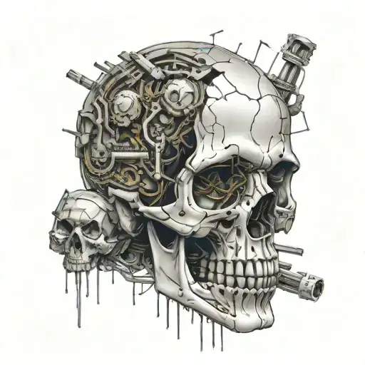 human skull intertwined with circuitry or binary code, Shattered heart imagery or tears falling from the skull's eye soc tattoo design idea