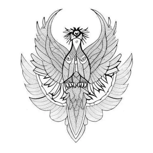 Symmetric Pheonix bird with a geometric patterns tattoo design idea