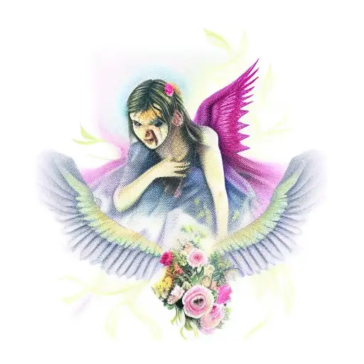 fallen angel with flowers in background for forearm tattoo design idea