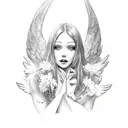 falling fallen angel with flowers in background for forearm tattoo design idea