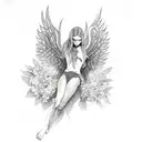 falling fallen angel with flowers in background for forearm tattoo design idea