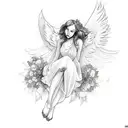 falling fallen angel with flowers in background for forearm tattoo design idea