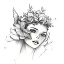falling fallen angel with flowers in background for forearm tattoo design idea