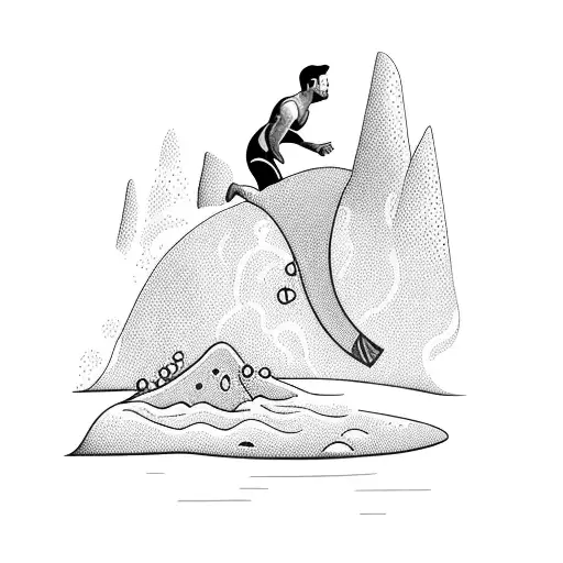 A swimmer diving into a river surrounded by volcanos tattoo design idea