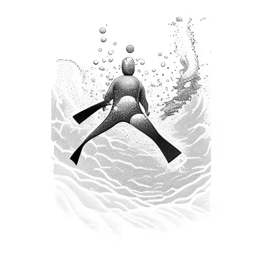 A swimmer diving into a river surrounded by volcanos tattoo design idea