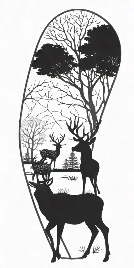 A detailed blackwork tattoo of a majestic deer standing in a forest setting, with intricate dotwork patterns in the background tattoo design idea