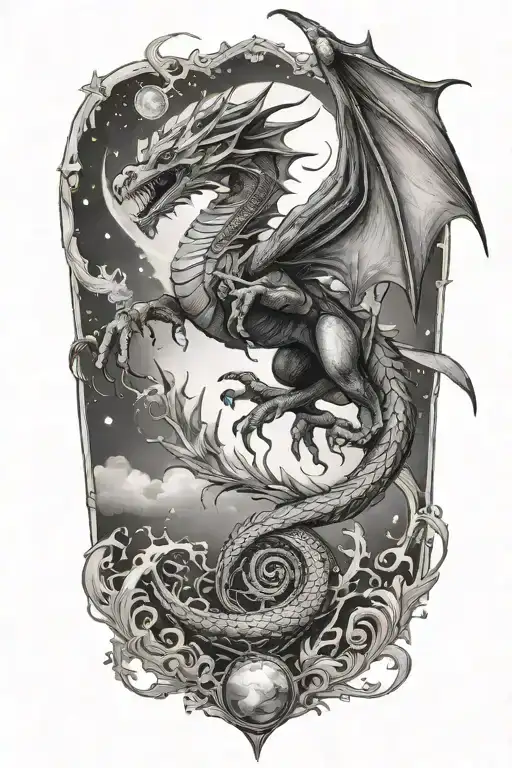 A fierce dragon hunting in the night sky tattoo design idea