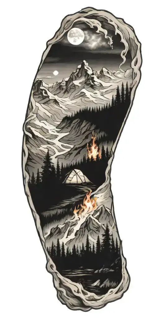 Camping mountains fire tattoo design idea