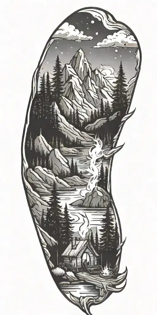Camping mountains fire tattoo design idea