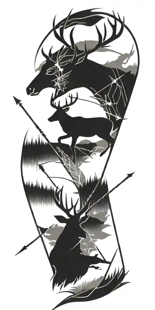 A majestic deer with antlers intertwined with hunting arrows tattoo design idea