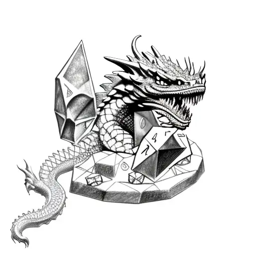 parthurnaax dragon Skyrim curled on top of a d20 dice tattoo design idea