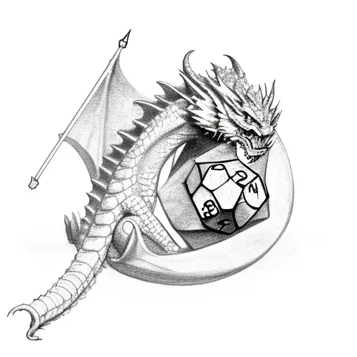 parthurnaax dragon curled over a d20 dice tattoo design idea