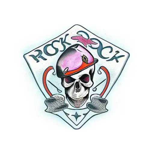  two guitars crossed by the handle with a skull and the word ROCK above tattoo design idea