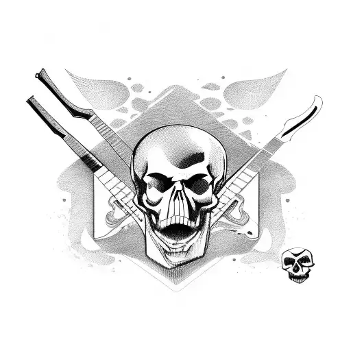 two guitars crossed by the handle with a skull and the word ROCK above tattoo design idea