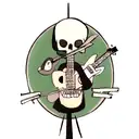  two guitars crossed by the handle with a skull and the word ROCK above tattoo design idea