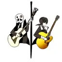  two guitars crossed by the handle with a skull and the word ROCK above tattoo design idea
