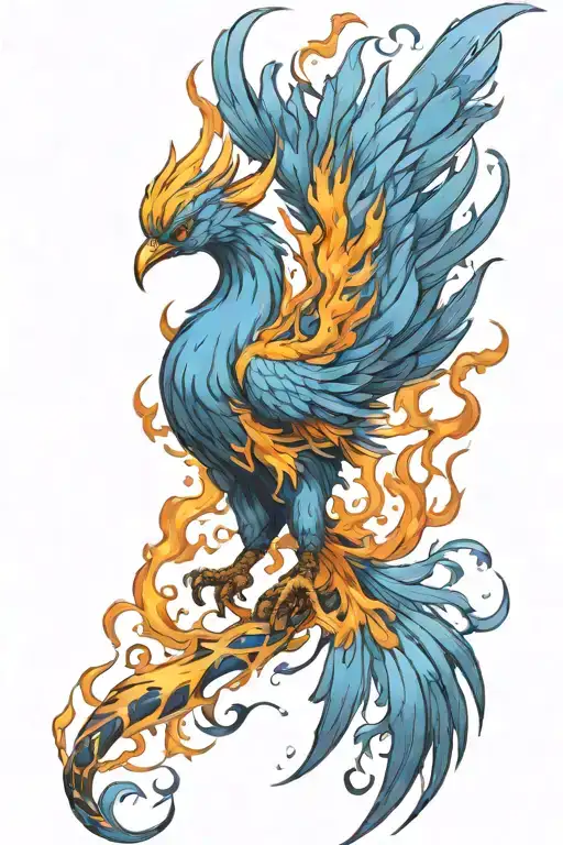 Blue Phoenix rising from flames tattoo design idea