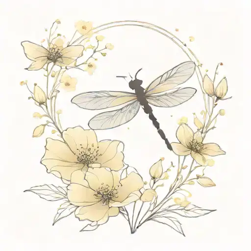 A dragonfly in a dreamy, ethereal style, surrounded by glowing buttercup flowers tattoo design idea
