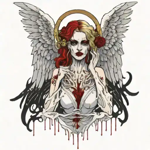 Slutty Angel Big Angelic wings golden halo above head torn white gown showing big cleavage dripping with blood all over  tattoo design idea