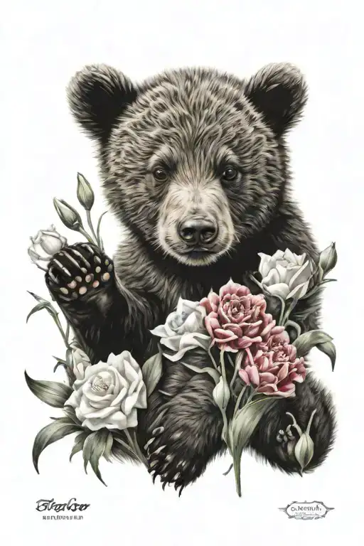 bear cub & carnations & snow drops tattoo design idea