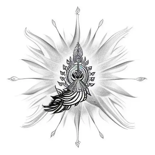 A minimalist tattoo design combining Lord Shiva's trident and a peacock feather of Lord Krishna tattoo design idea