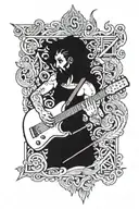 the greek god calliope and his symbol with a diagonal electric guitar, and a mythological symbol representing the voice tattoo design idea