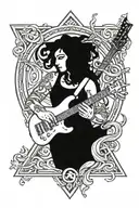 the greek god calliope and his symbol with a diagonal electric guitar, and a mythological symbol representing the voice tattoo design idea