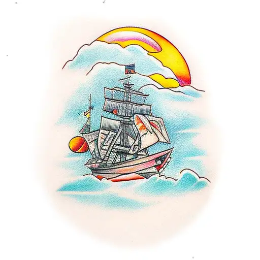 ship sunset and moon  tattoo design idea