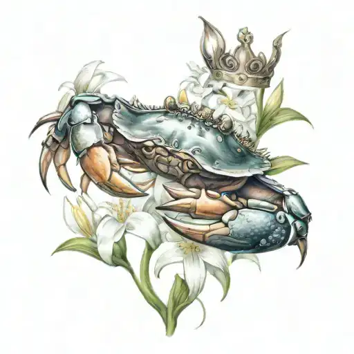 a crab planted by a sword with a crown of lilies tattoo design idea