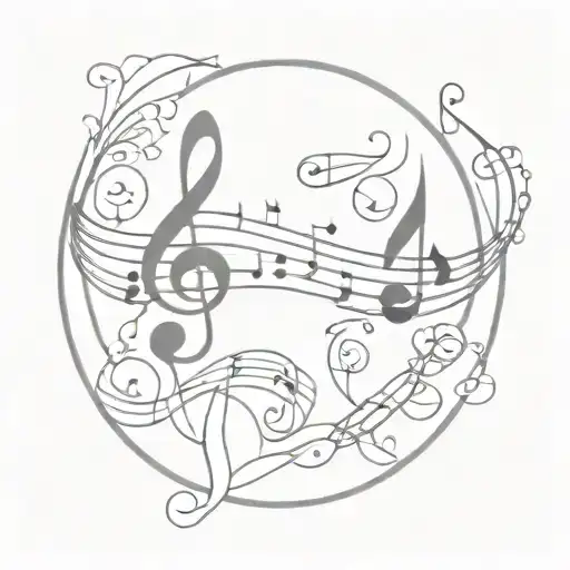 Stained glass window inspired design featuring musical notes intertwined with religious symbols tattoo design idea