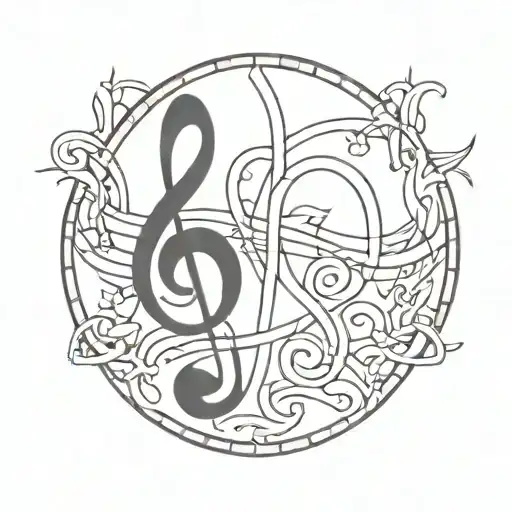 Stained glass window inspired design featuring musical notes intertwined with religious symbols tattoo design idea