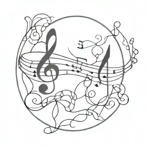 Stained glass window inspired design featuring musical notes intertwined with religious symbols tattoo design idea