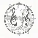 Stained glass window inspired design featuring musical notes intertwined with religious symbols tattoo design idea