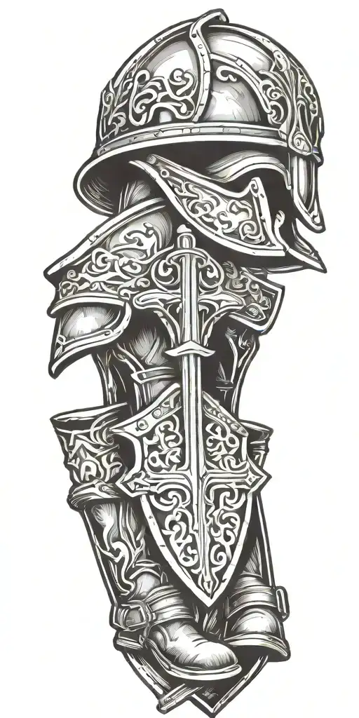armor, sword, shield, helmet, belt, boots, bible tattoo design idea